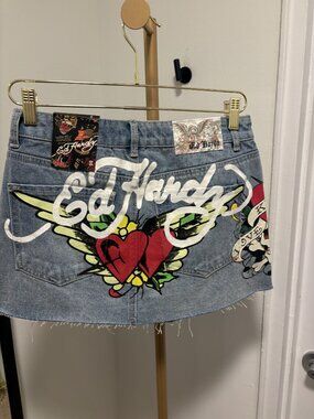 NWT Ed Hardy mini jean skirt with printed logo size small.